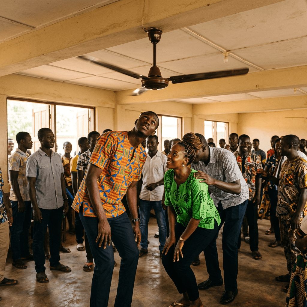 Group of people inside a room dancing and interacting joyfully