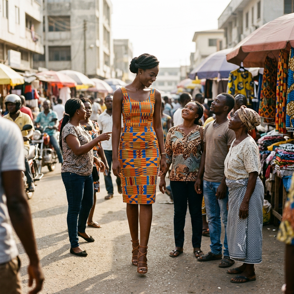 Tall woman in vibrant patterned dress smiling among market crowd