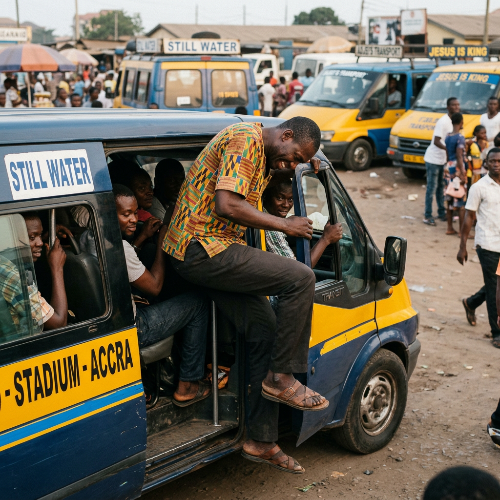 Tall Ghanaian man struggling to fit into trotro